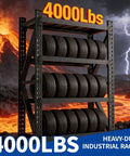 Rock Solid 69 Inch Black Metal Shelving Unit Heavy Duty Steel Rack With Tool Free Setup For Garage Warehouse Mega Storage Built Tough For The Daily Grind loaded with tires holding 4000 lbs in an industrial setting.
