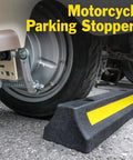 2 Pack Garage Parking Stopper For Garage And Driveway, 16.9 Inch Wheel Stop Bumper With Reflective Yellow Strip, Dope Durable Rubber Car Parking Aid To Protect Walls And Vehicle, Easy Install With Screws shown on ground