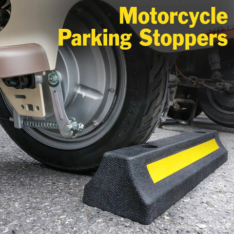 2 Pack Garage Parking Stopper For Garage And Driveway, 16.9 Inch Wheel Stop Bumper With Reflective Yellow Strip, Dope Durable Rubber Car Parking Aid To Protect Walls And Vehicle, Easy Install With Screws shown on ground