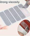 Close-up of 50 Piece Window Screen Repair Kit with self-adhesive patches and mesh, showing strong viscosity, no tools needed for repairs.