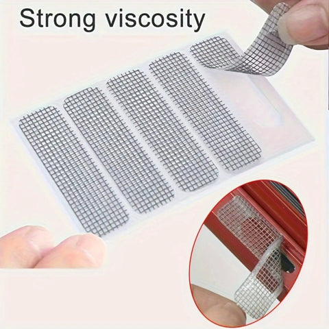 Close-up of 50 Piece Window Screen Repair Kit with self-adhesive patches and mesh, showing strong viscosity, no tools needed for repairs.