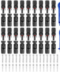 40 Piece Solar Panel Connector Kit With Male And Female Multi Pin PV Connectors IP67 Waterproof 1000V 30A Rating Works With 14 AWG To 10 AWG Cables Includes 2 Wrenches Durable PPO Copper Construction, showing full set with blue wrenches.