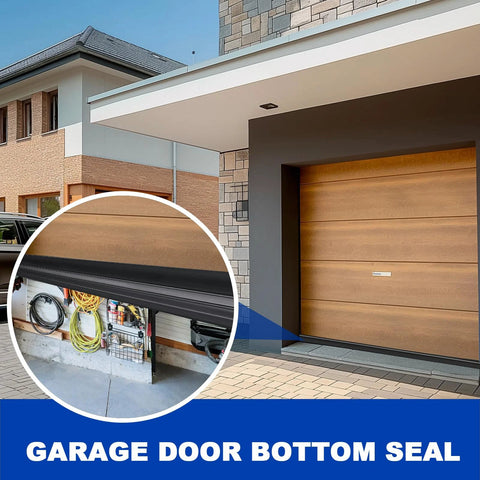 DGSL garage door bottom seal, black rubber, 16 ft, 5/16 in T-end, installed along door bottom.