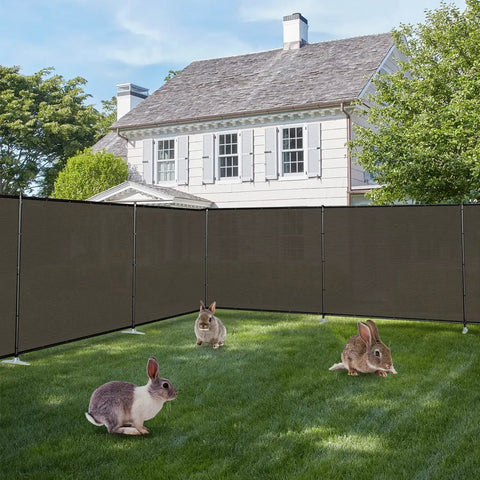 6x24 Foot Outdoor Privacy Fence Panel Kit Freestanding Backyard Privacy Screen For Pools, Patios, And Dogs, Temporary Garden Fence With Iron Poles And Rails In Brown surrounding lawn.
