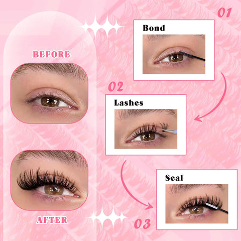 Step-by-step application of Lash Extension Kit With 280 Mink Like Cluster Lashes D Curl Volume 9 To 16 Mm 40D 50D