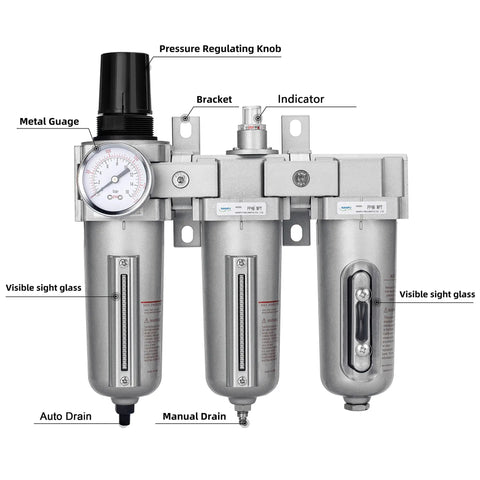 Heavy Duty Three Stage 3/4 Inch NPT Air Drying System With Particulate Filter Coalescing Filter Desiccant Dryer And Air Regulator Metal Bowl Auto Drain Pro Grade For Paint Spray And Plasma Cutter, front view with labeled parts.