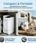 No Sweat Compact 13 Pound Twin Tub Washing Machine Portable Washer And Spin Cycle Combo in a compact storage unit near an RV.