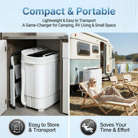 No Sweat Compact 13 Pound Twin Tub Washing Machine Portable Washer And Spin Cycle Combo in a compact storage unit near an RV.