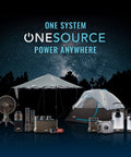 Camping setup featuring OneSource rechargeable LED flashlight beaming up to 1000 lumens with tent and lanterns at night