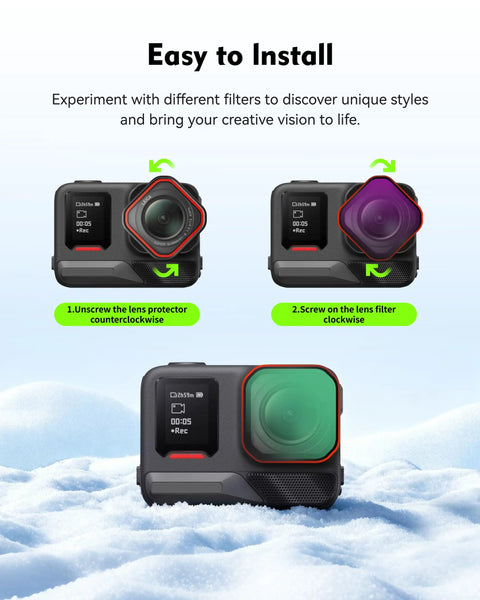 Insta360 Ace Pro 2 UV Lens Filter attached to camera, showing easy snap-on bayonet mount with clear HD glass, vignette-free view.
