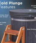Top Shelf Vertical Cold Plunge Tub Paired With A Beastly 1Hp Chiller Heater Combo For Rapid Soreness Relief Crisp Ice Soaks To Soothing Warm Baths 118 Gallon Home Recovery Kit close-up showing insulated cover and red cedar steps.