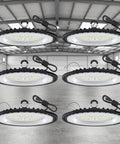 Six Pack UFO LED High Bay Light 200W 21000 Lumen 5000K With 5 Ft Power Cord US Plug Bright Shop Light For Basement, Commercial, Factory, Garage Lighting IP66 Waterproof AC110-277V ETL Listed displayed in warehouse