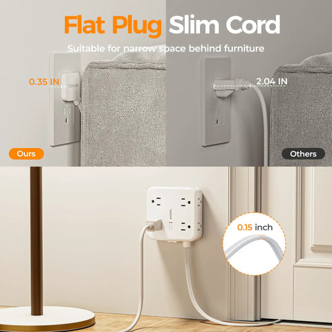 Image comparing flat plug designs showing 12 In 1 Power Strip With Surge Protection Boasts Eight Ac Outlets And Four Usb Ports Connected To A Five Foot Extension Cord With Flat Head Design Plug Away Hassle Free On This Heavy Duty Workhorse Adapter.