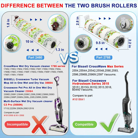 Comparison of brush rollers for Bissell vacuums, highlighting differences and compatibility for CrossWave Max and HydroSteam models.