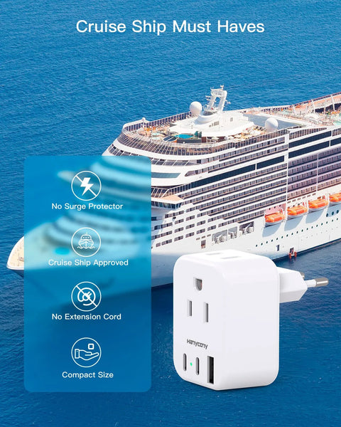 White HANYCONY European travel plug adapter with 2 outlets and USB ports, front view