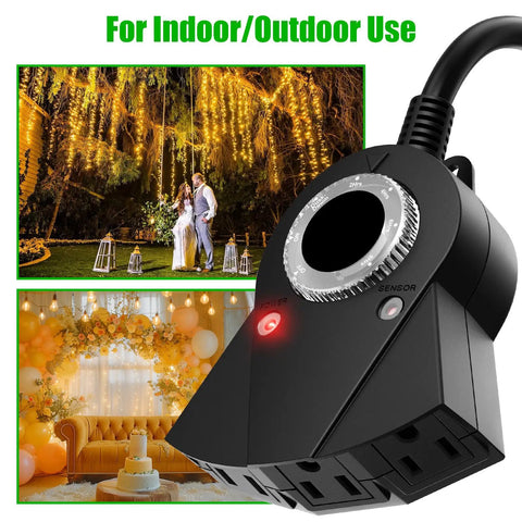 Outdoor Waterproof Plug In Light Timer With Photocell Sensor Dusk To Dawn Auto On Off 24 Hour Countdown Modes 2 4 6 Or 8 Hours No Fuss Setup Weatherproof Outdoor Outlet For Backyard Garden Patio Christmas Decorations