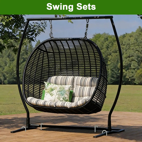 Swing set secured with Tough As Nails Heavy Duty 12 Inch J Hook Rebar Stakes, 6 Pack, 5/16 Inch Galvanized Ground Anchors