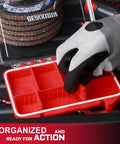 Gloved hand adjusting removable dividers in IPX4 Waterproof Small Parts Organizer Case With Removable Dividers Two Boxes Set.