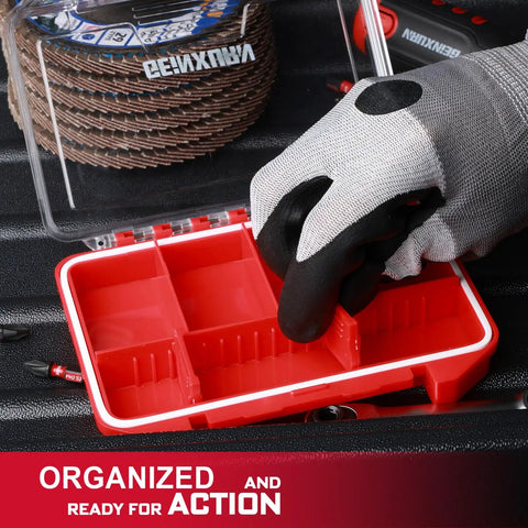Gloved hand adjusting removable dividers in IPX4 Waterproof Small Parts Organizer Case With Removable Dividers Two Boxes Set.