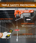 CreWorks electric hoist mounted to a ceiling beam, orange unit with remote control and lifting hook (2500 lbs)