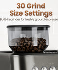 Next Level Semiautomatic Espresso Machine With Dual Boiler Built In Grinder And Precision Steam Wand For Killer Daily Grind Smooth Home Vibe Simultaneous Milk Frothing And Fast Shot Extraction with built-in grinder showing 30 grind settings and coffee beans.
