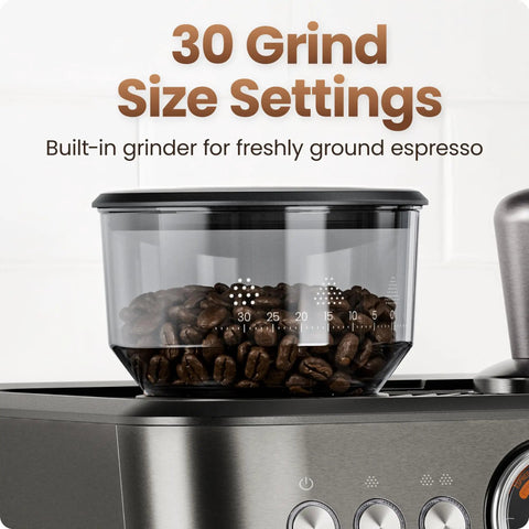 Next Level Semiautomatic Espresso Machine With Dual Boiler Built In Grinder And Precision Steam Wand For Killer Daily Grind Smooth Home Vibe Simultaneous Milk Frothing And Fast Shot Extraction with built-in grinder showing 30 grind settings and coffee beans.
