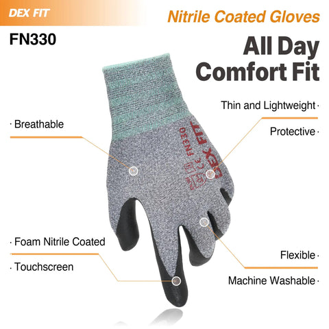 Nitrile Work Gloves FN330 3D Comfort Stretchy Fit Firm Grip Thin Lightweight Touch Screen Compatible Durable Breathable Grey Small