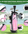 Pink 5 Piece Junior Golf Club Set For Kids Ages Four To Eight With Stand Bag Right Hand Includes Five Pound Hybrid, Six Seven Irons