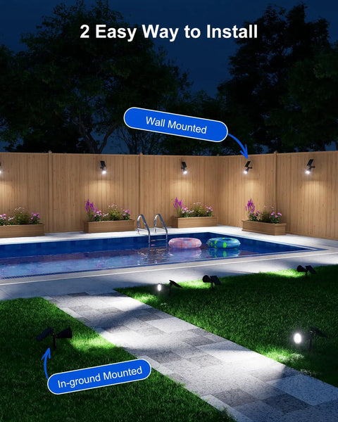 Solar Outdoor Waterproof Spotlight Set For Flag Poles Palm Trees Signs Statues And Mailboxes With Bright LED Flood Lights installed by pool