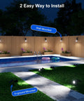 4 Pack Solar Spotlight Set Outdoor Waterproof LED Landscape Lights for Yard Garden Driveway Walkway Wall Fence Bright 25ft Beam Wireless Easy Setup Adjustable Angles showing dual installation options by a pool, both wall and ground mounted.