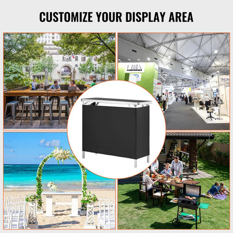 Foldable Portable Bar Table For Indoor And Outdoor Events With Carrying Case Storage Shelf And Black Skirt Tradeshow Podium