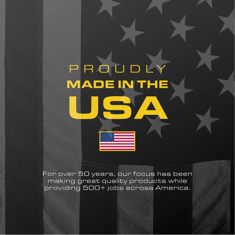 American flag image with text 'Proudly Made in the USA', highlighting domestic production and job creation.