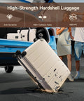 Expandable luggage set with spinner wheels, hardshell durability demonstration.