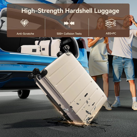 Expandable luggage set with spinner wheels, hardshell durability demonstration.