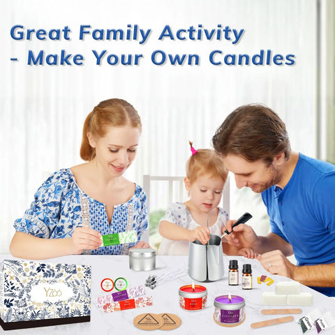 Family using Beginner Friendly Candle Making Kit for Adults With Soy Wax 480g to create DIY scented candles at home.