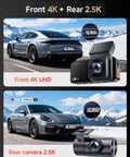 Dual Front And Rear Dash Cam With 4K Front And 2.5K Rear, Built-In WiFi With App Control, car view showing dash cam footage