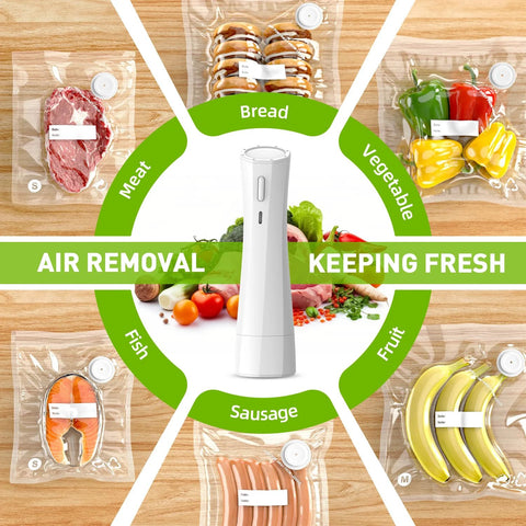 White cordless handheld vacuum sealer with USB recharge, six vacuum-sealed food bags arranged around it.
