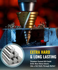 Close-up of a Titanium-Coated HSS Step Drill Bit in use, featuring spiral groove design and twelve sizes for metals and plastic.