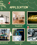 Christmas-themed image showing six applications: indoor, household, landscape, automotive, electronic, and industry.