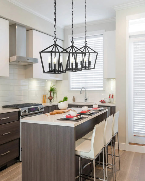Oil Rubbed Bronze 3-Light Pagoda LED Pendant Lantern With Rustic Iron Frame above kitchen island