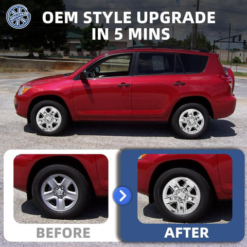 Toyota RAV4 2006 to 2012 with Chrome Silver 17 Inch Wheel Skins installed, showing before and after transformation.