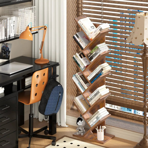 Tree Shaped 10 Tier Floor Standing Wood Bookcase Slim Space Saver For Narrow Rooms Tight Spots And More Holds Books CDs Magazines In Home Office Living Room Brown Finish, next to a desk