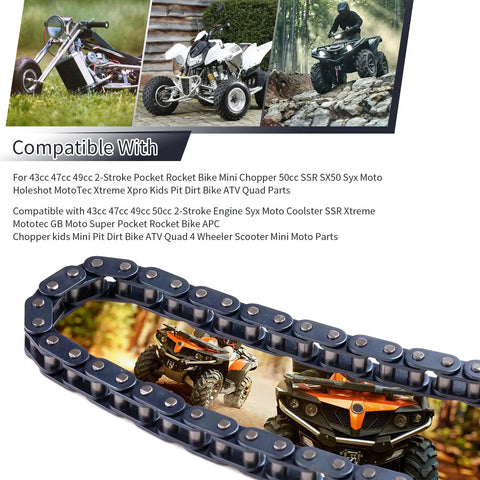 Drive Chain 116 Link With Chain Breaker For 43cc 47cc 49cc 50cc 2 Stroke Pocket Rocket Bikes shown with compatible vehicles
