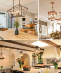 Various room settings with chandeliers featuring 100W Equivalent LED Candelabra Bulbs With 800 Lumens Soft White 3000K, 7W Dimmable B11.