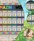 Notebook Style Student Work Display Kit for Classrooms and Offices, colorful cutouts on wall with detailed close-ups