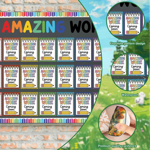 Notebook Style Student Work Display Kit for Classrooms and Offices, colorful cutouts on wall with detailed close-ups