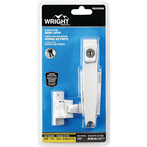 Packaging of Keyed Push Button Tie Down Door Latch For Screen And Storm Doors White Finish No Lock Out Technology Ideal For Out Swinging Metal Or Wood Doors 0.75 To 1.25 Inches Thick Durable Construction Easy To Install.