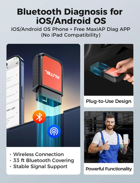 2026 Upgraded Bluetooth OBD2 Scanner And Code Reader For All System Scanning, showing phone connection and scanner design.