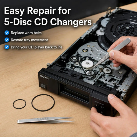 CD Player Belt Replacement Kit For Sony 5 Disc CDP CE245 CE275 CE345 CE375 CE545 CE575 CDP C741 MCE CX80K With Tweezers Durable Japanese Rubber Belts For Smooth Playback And Easy DIY Repairs, Sony 5-disc changer repair with belts and tweezers