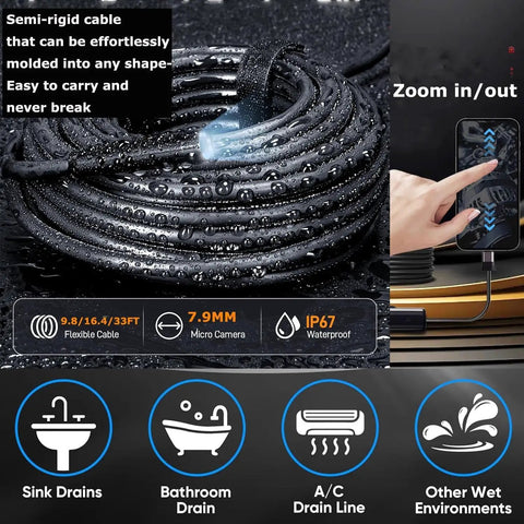 HD 1920P Endoscope Camera With Light And 9 Adjustable LEDs 33ft SemiRigid Dual Lens Borescope IP67 waterproof cable display